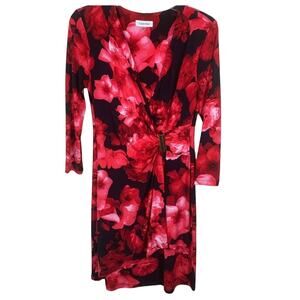 Calvin Klein Pink and Black Floral Faux Wrap Dress Size 6
